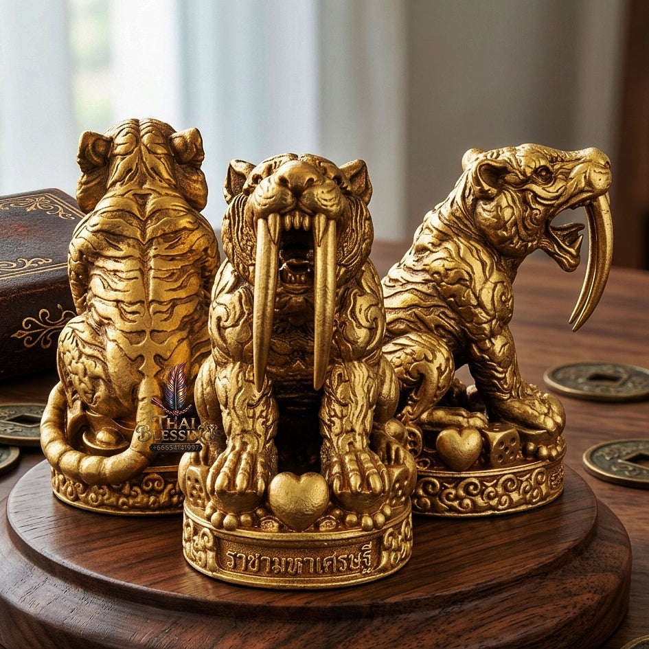 Phaya Suea Khiao Dap Thai Amulet Protection talisman good luck charm spiritual jewelry Sacred Saber-Toothed Tiger Sovereign Power Maha Amnat Satin Bronze Alloy Thai Blessing Co By RURUECHA