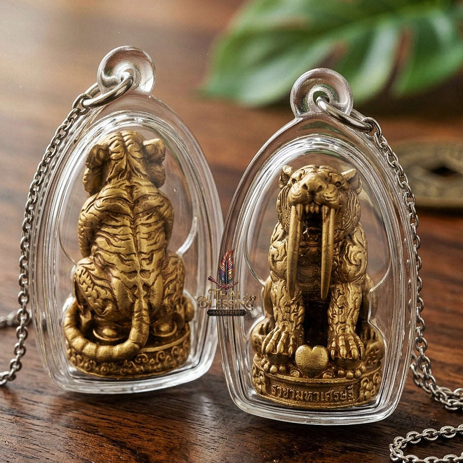 Phaya Suea Khiao Dap Thai Amulet Protection talisman good luck charm spiritual jewelry Sacred Saber-Toothed Tiger Sovereign Power Maha Amnat Satin Bronze Alloy Thai Blessing Co By RURUECHA