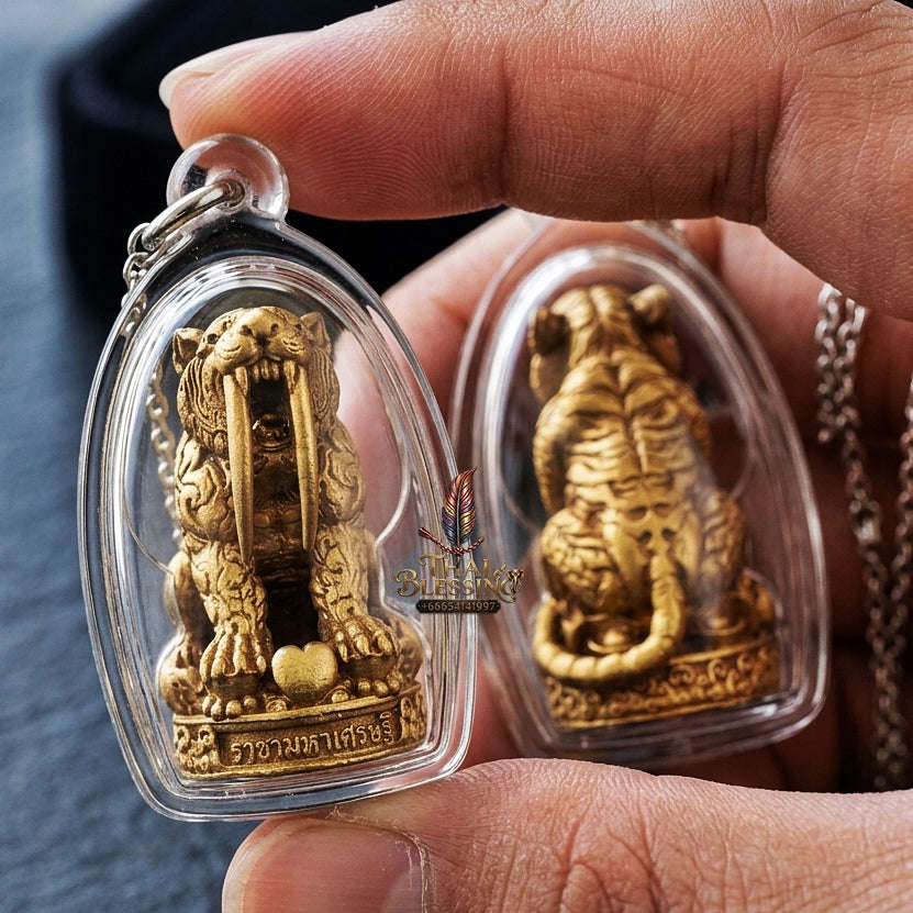 Phaya Suea Khiao Dap Thai Amulet Protection talisman good luck charm spiritual jewelry Sacred Saber-Toothed Tiger Sovereign Power Maha Amnat Satin Bronze Alloy Thai Blessing Co By RURUECHA