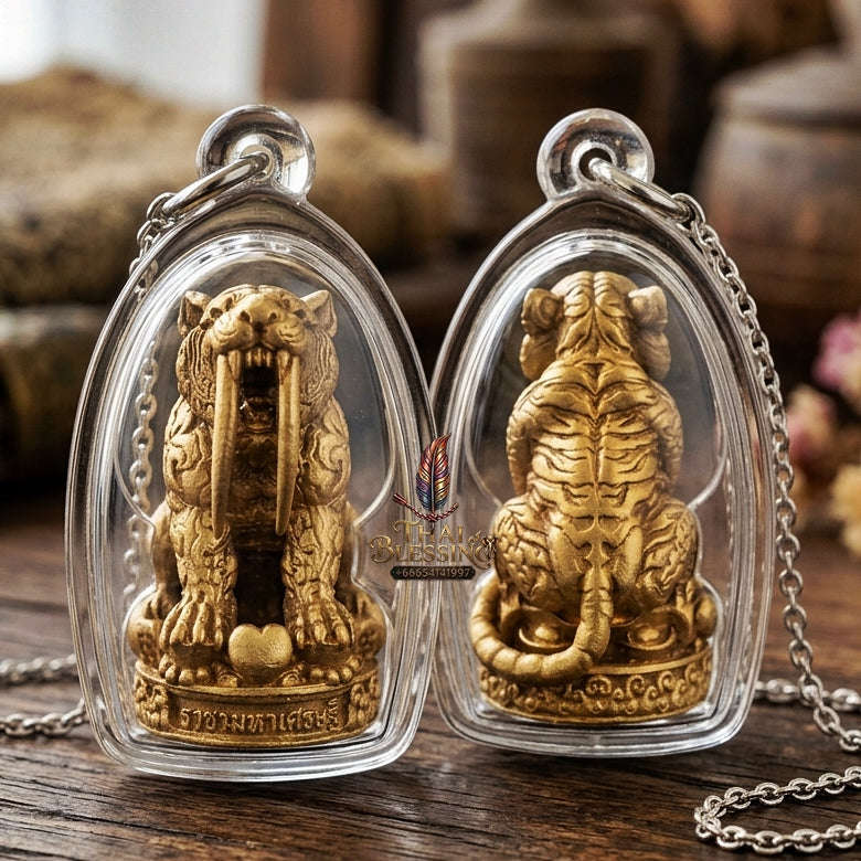 Phaya Suea Khiao Dap Thai Amulet Protection talisman good luck charm spiritual jewelry Sacred Saber-Toothed Tiger Sovereign Power Maha Amnat Satin Bronze Alloy Thai Blessing Co By RURUECHA