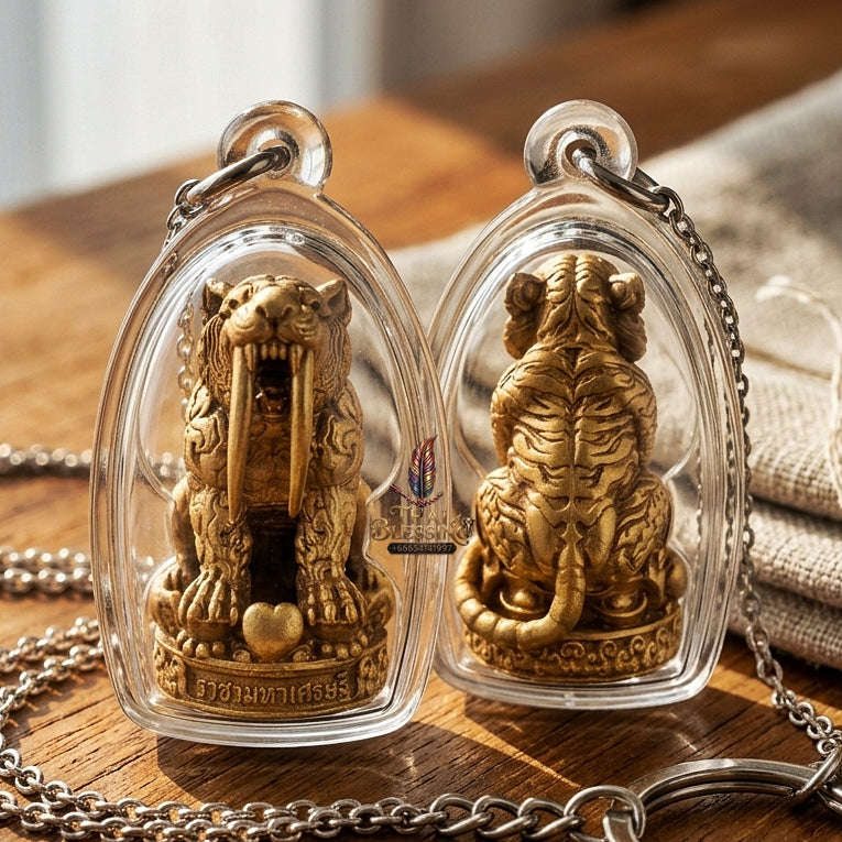 Phaya Suea Khiao Dap Thai Amulet Protection talisman good luck charm spiritual jewelry Sacred Saber-Toothed Tiger Sovereign Power Maha Amnat Satin Bronze Alloy Thai Blessing Co By RURUECHA