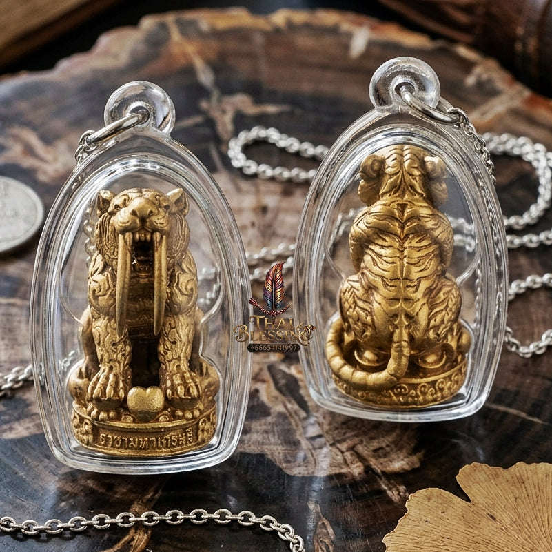 Phaya Suea Khiao Dap Thai Amulet Protection talisman good luck charm spiritual jewelry Sacred Saber-Toothed Tiger Sovereign Power Maha Amnat Satin Bronze Alloy Thai Blessing Co By RURUECHA
