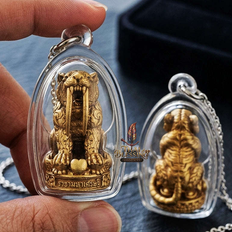 Phaya Suea Khiao Dap Thai Amulet Protection talisman good luck charm spiritual jewelry Sacred Saber-Toothed Tiger Sovereign Power Maha Amnat Satin Bronze Alloy Thai Blessing Co By RURUECHA