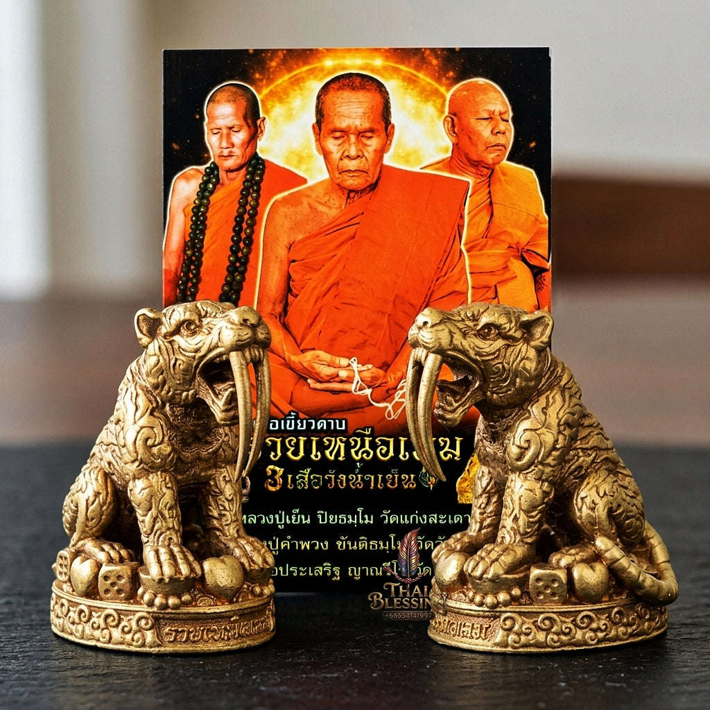 Phaya Suea Khiao Dap Thai Amulet Protection talisman good luck charm spiritual jewelry Sacred Saber-Toothed Tiger Sovereign Power Maha Amnat Satin Bronze Alloy Thai Blessing Co By RURUECHA
