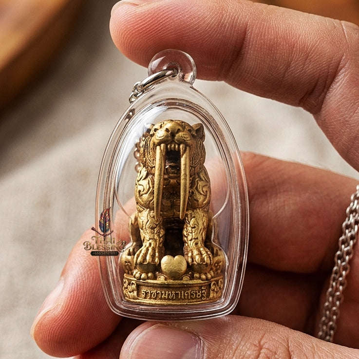 Phaya Suea Khiao Dap Thai Amulet Protection talisman good luck charm spiritual jewelry Sacred Saber-Toothed Tiger Sovereign Power Maha Amnat Satin Bronze Alloy Thai Blessing Co By RURUECHA