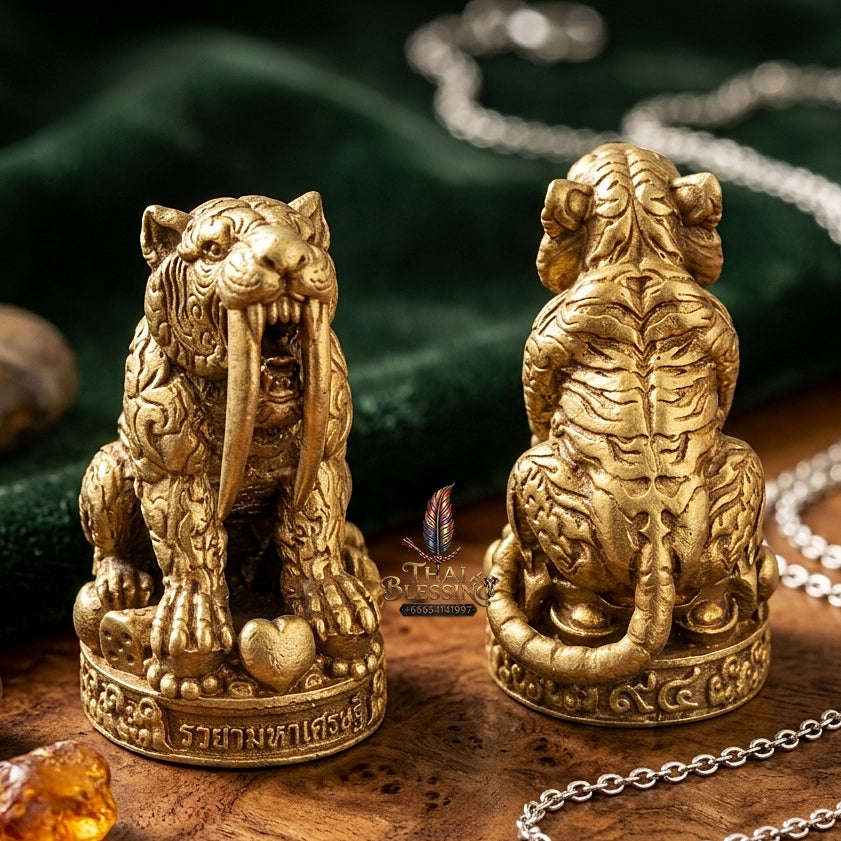 Phaya Suea Khiao Dap Thai Amulet Protection talisman good luck charm spiritual jewelry Sacred Saber-Toothed Tiger Sovereign Power Maha Amnat Satin Bronze Alloy Thai Blessing Co By RURUECHA