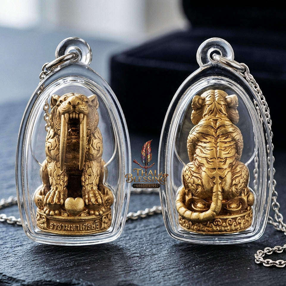 Phaya Suea Khiao Dap Thai Amulet Protection talisman good luck charm spiritual jewelry Sacred Saber-Toothed Tiger Sovereign Power Maha Amnat Satin Bronze Alloy Thai Blessing Co By RURUECHA