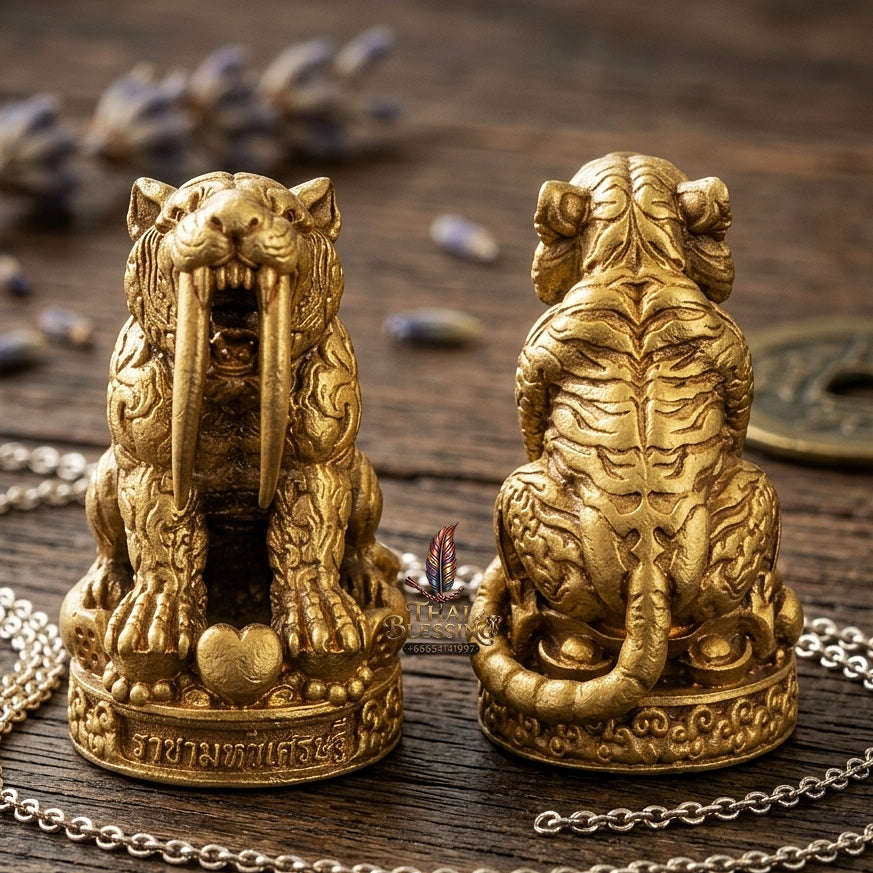 Phaya Suea Khiao Dap Thai Amulet Protection talisman good luck charm spiritual jewelry Sacred Saber-Toothed Tiger Sovereign Power Maha Amnat Satin Bronze Alloy Thai Blessing Co By RURUECHA