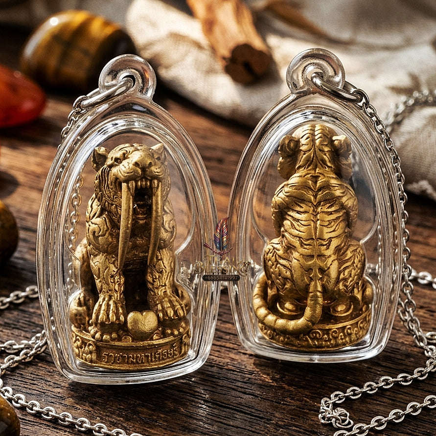 Phaya Suea Khiao Dap Thai Amulet Protection talisman good luck charm spiritual jewelry Sacred Saber-Toothed Tiger Sovereign Power Maha Amnat Satin Bronze Alloy Thai Blessing Co By RURUECHA