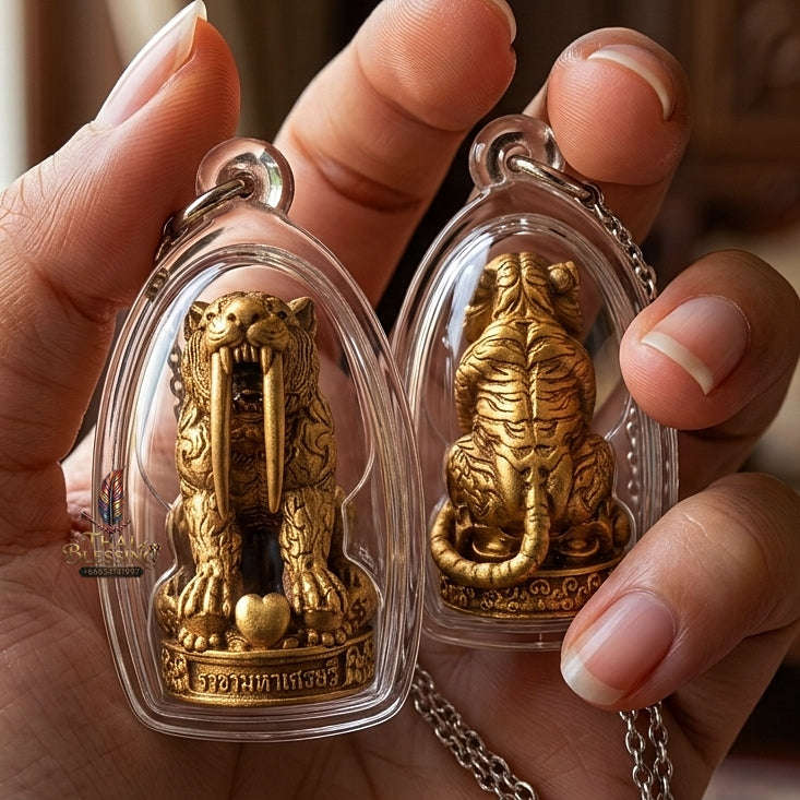 Phaya Suea Khiao Dap Thai Amulet Protection talisman good luck charm spiritual jewelry Sacred Saber-Toothed Tiger Sovereign Power Maha Amnat Satin Bronze Alloy Thai Blessing Co By RURUECHA