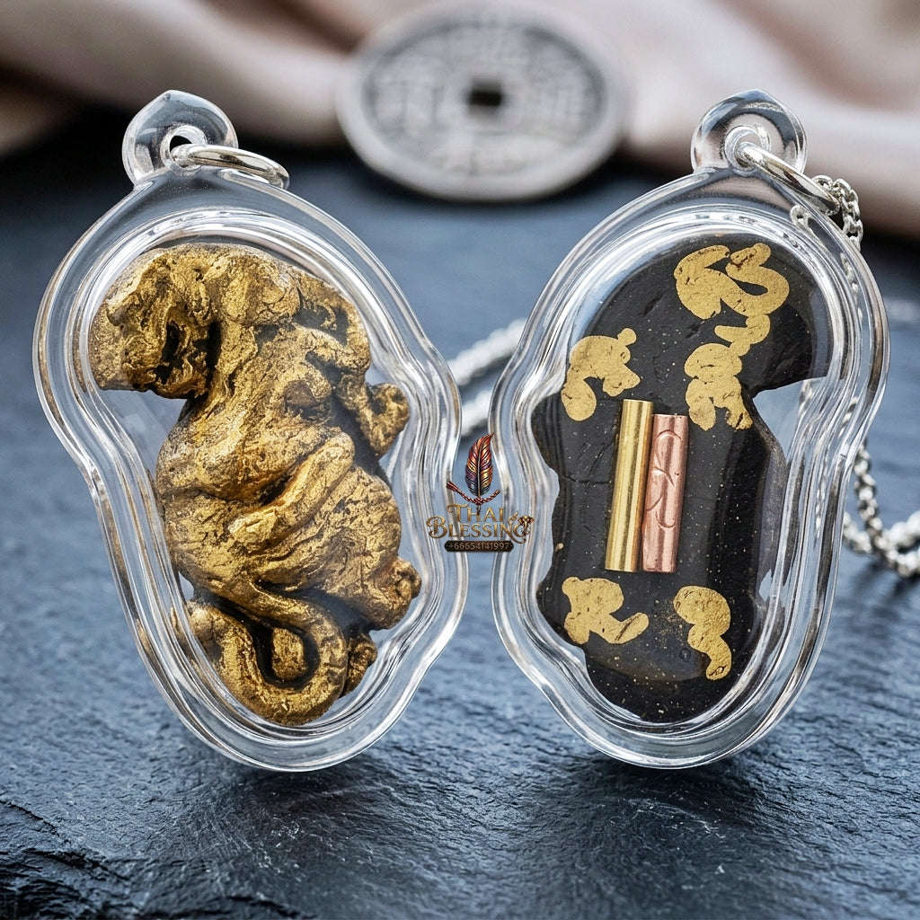 Phaya Suea Liao Lang Thai Amulet Protection talisman good luck charm spiritual jewelry Sacred Tiger Looking Back Sovereign Power Twin Takrut 108 Sacred Herbs Thai Blessing Co By RURUECHA
