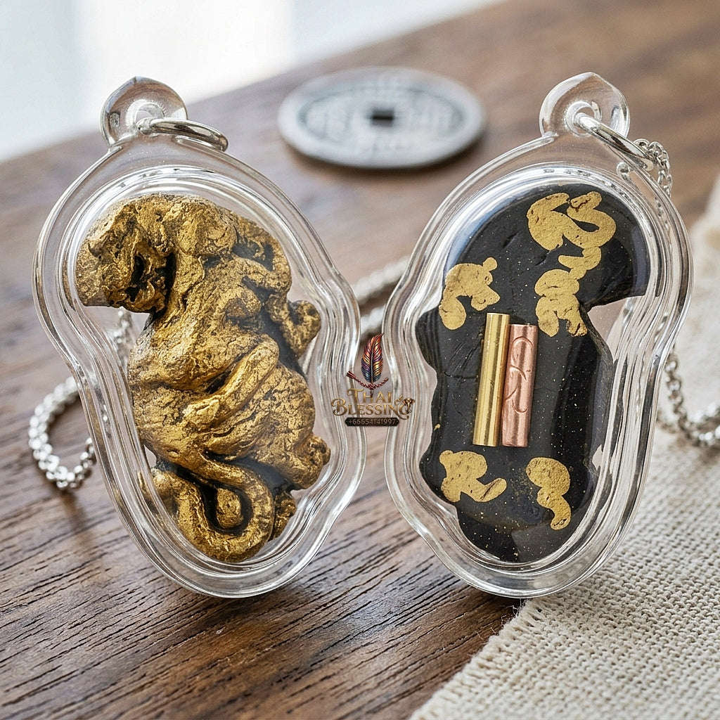 Phaya Suea Liao Lang Thai Amulet Protection talisman good luck charm spiritual jewelry Sacred Tiger Looking Back Sovereign Power Twin Takrut 108 Sacred Herbs Thai Blessing Co By RURUECHA