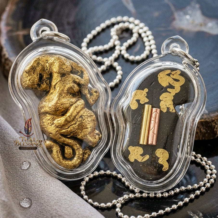 Phaya Suea Liao Lang Thai Amulet Protection talisman good luck charm spiritual jewelry Sacred Tiger Looking Back Sovereign Power Twin Takrut 108 Sacred Herbs Thai Blessing Co By RURUECHA