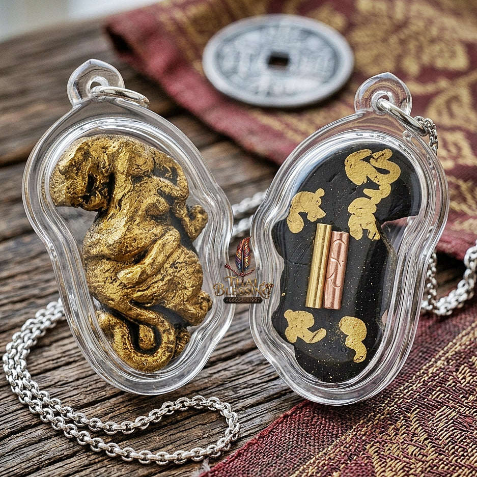 Phaya Suea Liao Lang Thai Amulet Protection talisman good luck charm spiritual jewelry Sacred Tiger Looking Back Sovereign Power Twin Takrut 108 Sacred Herbs Thai Blessing Co By RURUECHA