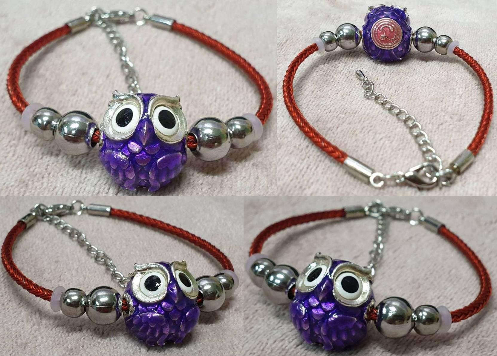 Phaya Thued Thue Bracelet - Ultra Lucky Fortune Owl by Kruba Tao from Wat Ban Lao, Chiang Mai Bronze with silver plating and purple enamel