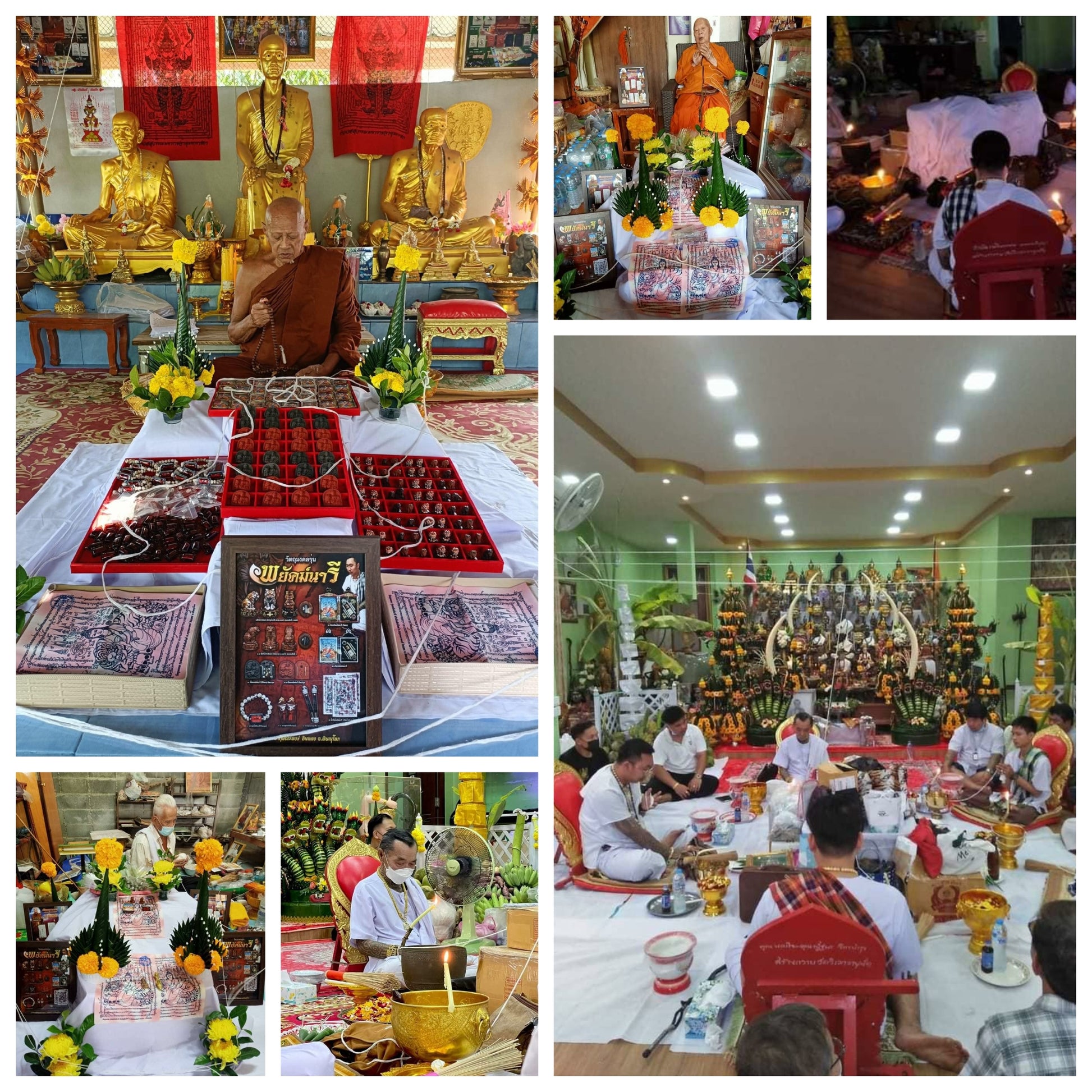 Phayak Naree tiger goddess amulet blessing ceremony in Thai temple showing monk amulet trays offerings and devotees praying