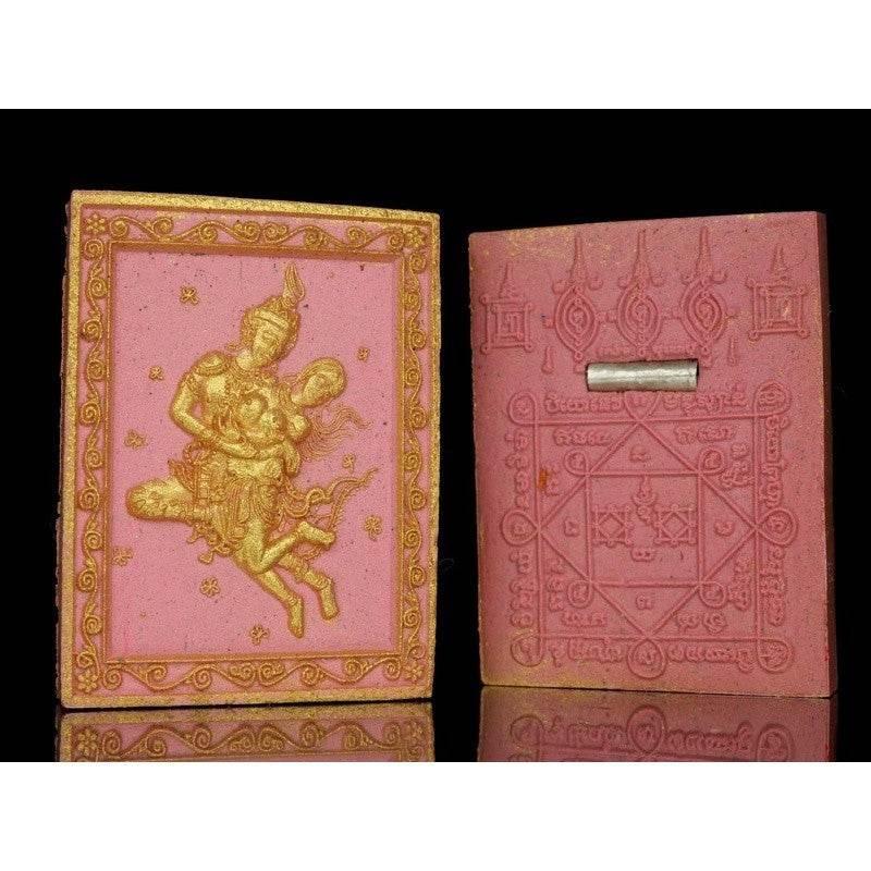 Phet Phaya Thon Charm for Wealth Attraction and Protection Energy Pink meat with gold brush