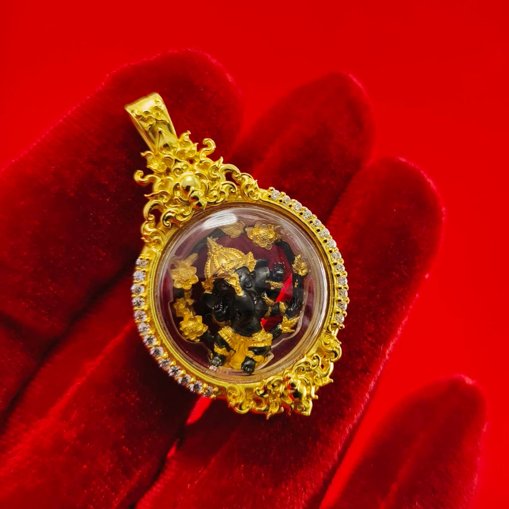 Phra Brahma amulet for protection in ornate gold setting with detailed design and vibrant colors