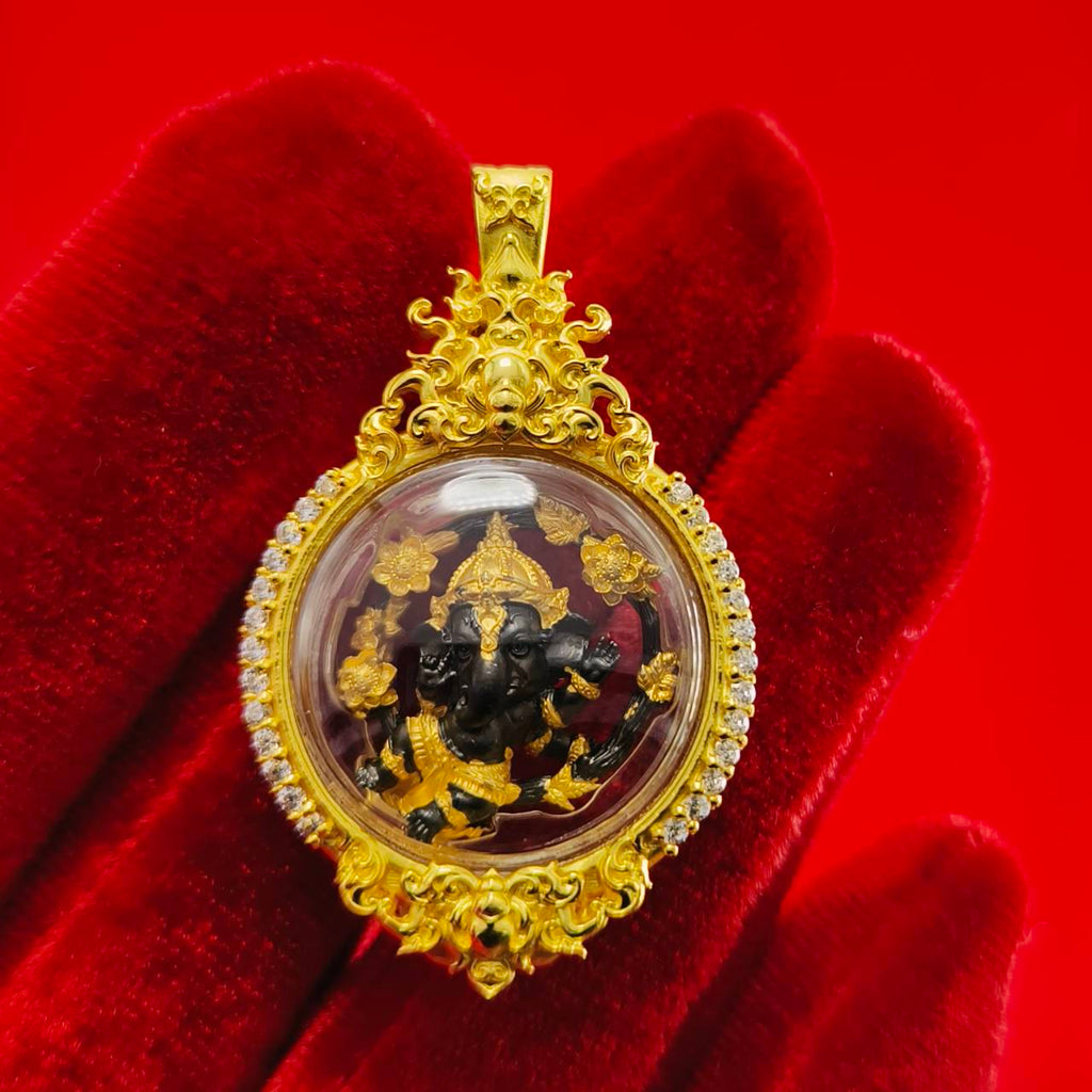 Phra Brahma amulet for protection in an ornate gold setting, showcasing intricate details and craftsmanship