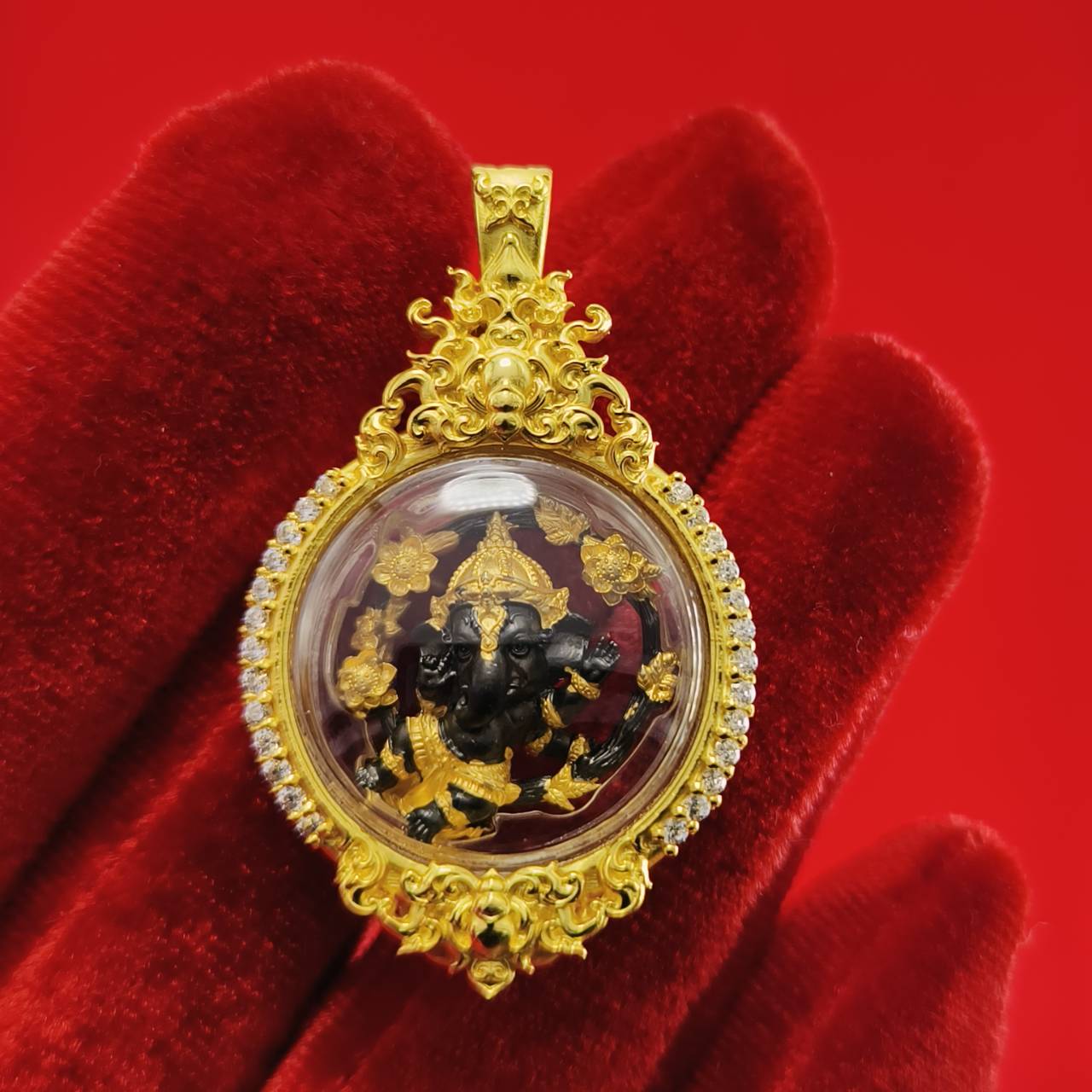 Phra Brahma amulet for protection in an ornate gold setting, showcasing intricate details and craftsmanship