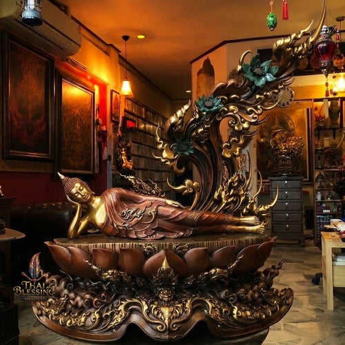 Authentic Sacred Monumental Thai Fine Art Bronze Statue "Phra Chaturaphit Barami Saiyat" (Reclining Buddha - 85 cm High / 56 kg Heavy Monumental Altar Size)
