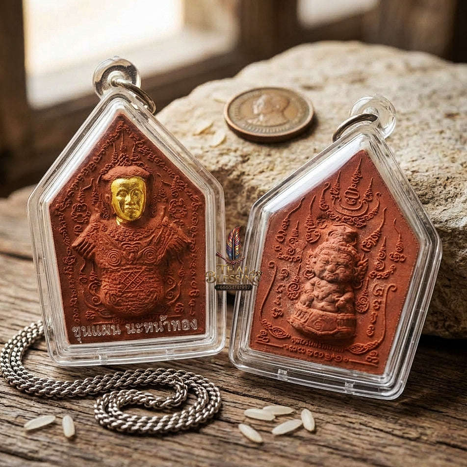 Phra Khun Phaen Thai Amulet Protection talisman good luck charm spiritual jewelry Sacred Phra Khun Phaen Na Na Thong Gold-Faced Red Rooster Herb Powder Matrix Thai Blessing Co By RURUECHA