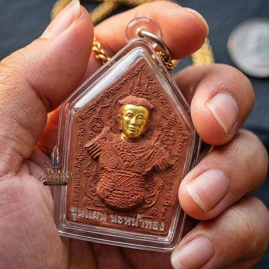 Phra Khun Phaen Thai Amulet Protection talisman good luck charm spiritual jewelry Sacred Phra Khun Phaen Na Na Thong Gold-Faced Red Rooster Herb Powder Matrix Thai Blessing Co By RURUECHA