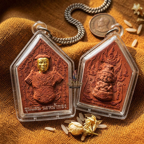 Phra Khun Phaen Thai Amulet Protection talisman good luck charm spiritual jewelry Sacred Phra Khun Phaen Na Na Thong Gold-Faced Red Rooster Herb Powder Matrix Thai Blessing Co By RURUECHA