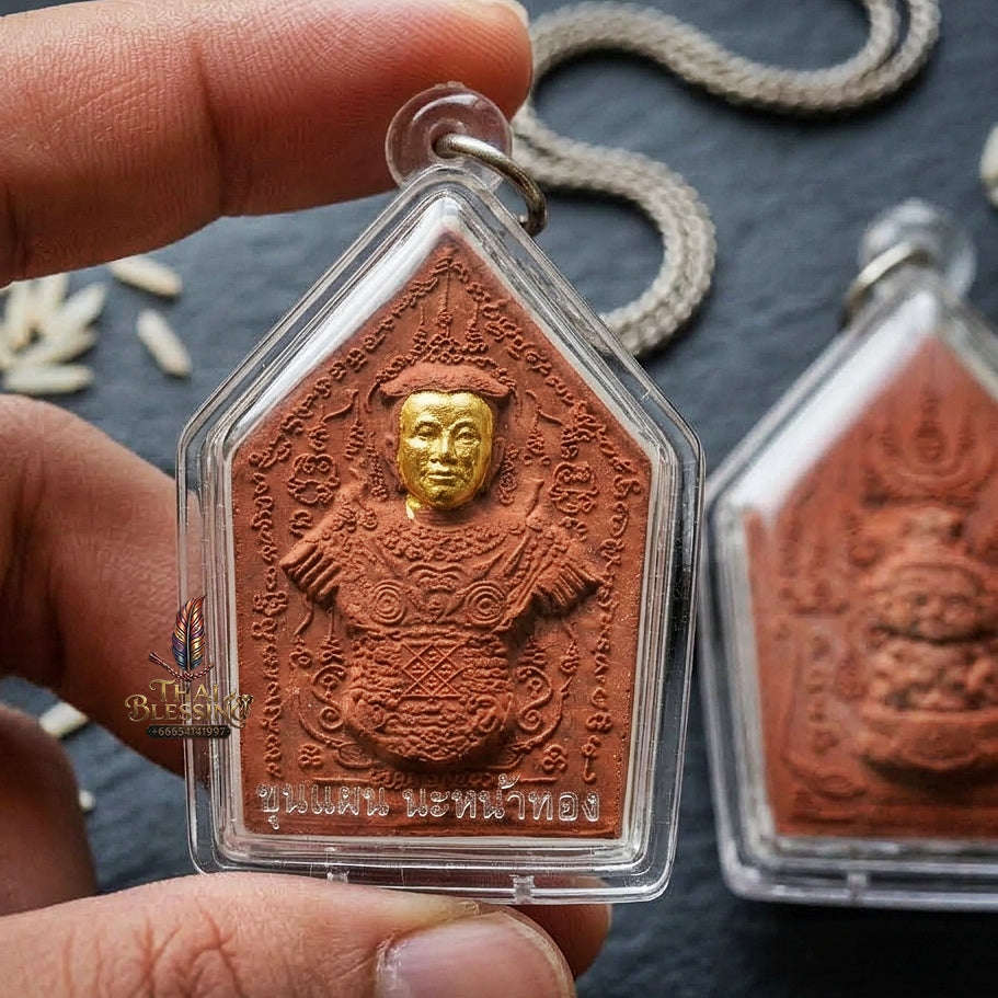 Phra Khun Phaen Thai Amulet Protection talisman good luck charm spiritual jewelry Sacred Phra Khun Phaen Na Na Thong Gold-Faced Red Rooster Herb Powder Matrix Thai Blessing Co By RURUECHA