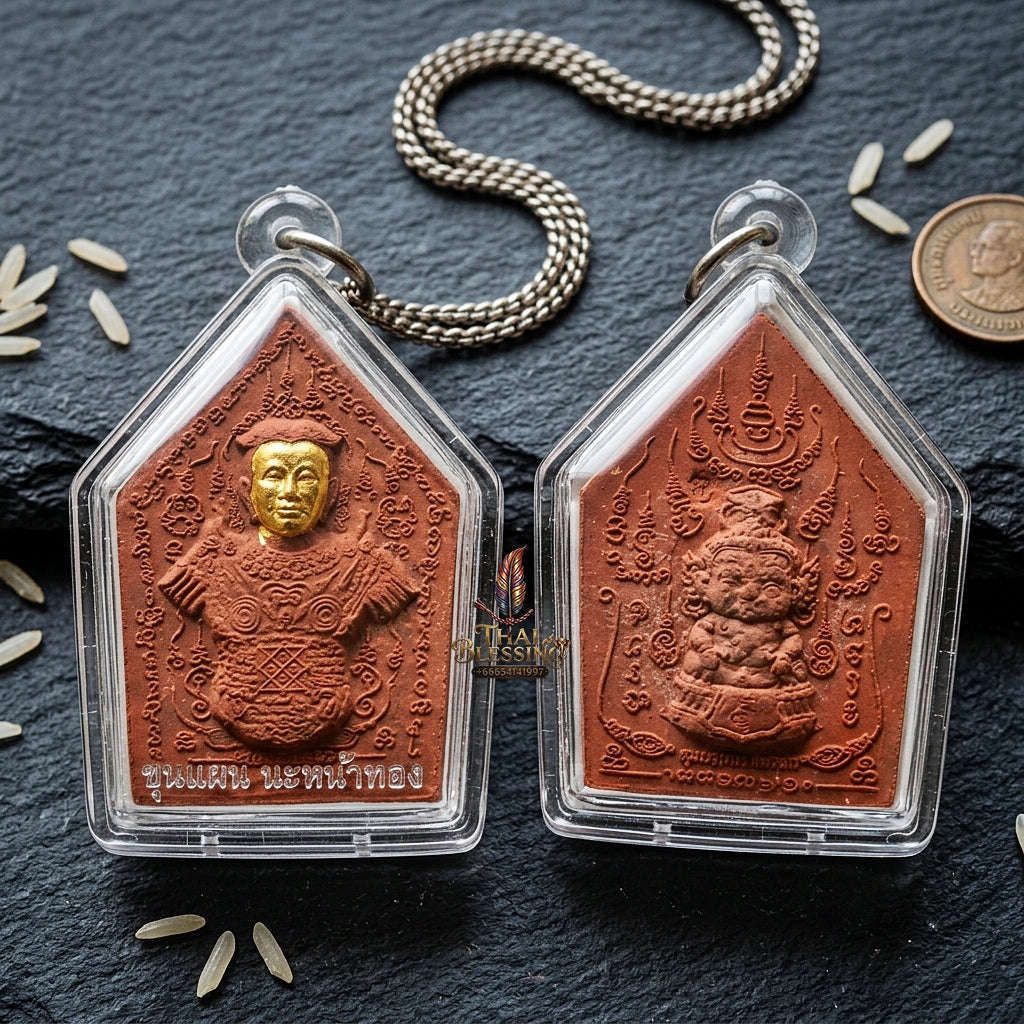 Phra Khun Phaen Thai Amulet Protection talisman good luck charm spiritual jewelry Sacred Phra Khun Phaen Na Na Thong Gold-Faced Red Rooster Herb Powder Matrix Thai Blessing Co By RURUECHA