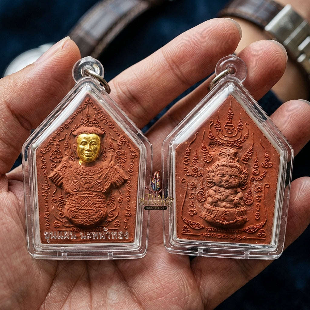 Phra Khun Phaen Thai Amulet Protection talisman good luck charm spiritual jewelry Sacred Phra Khun Phaen Na Na Thong Gold-Faced Red Rooster Herb Powder Matrix Thai Blessing Co By RURUECHA