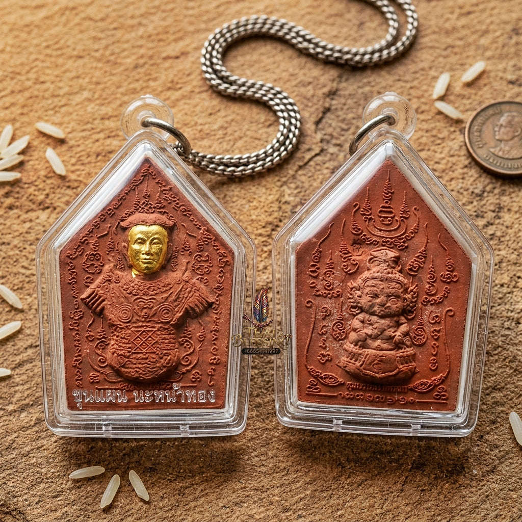 Phra Khun Phaen Thai Amulet Protection talisman good luck charm spiritual jewelry Sacred Phra Khun Phaen Na Na Thong Gold-Faced Red Rooster Herb Powder Matrix Thai Blessing Co By RURUECHA
