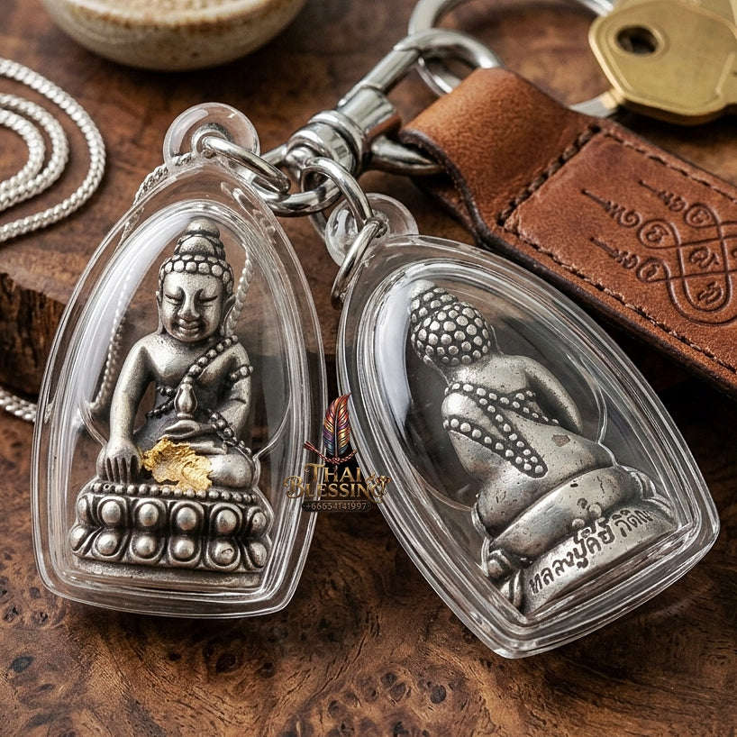 Phra Kring Phet Surin Thai Amulet Protection talisman good luck charm spiritual jewelry Sacred Ringing Buddha Medicine Buddha & Antique Silver Satin-Plated Samrit Bronze