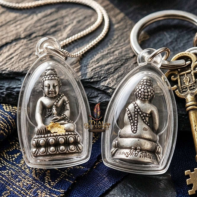 Phra Kring Phet Surin Thai Amulet Protection talisman good luck charm spiritual jewelry Sacred Ringing Buddha Medicine Buddha & Antique Silver Satin-Plated Samrit Bronze