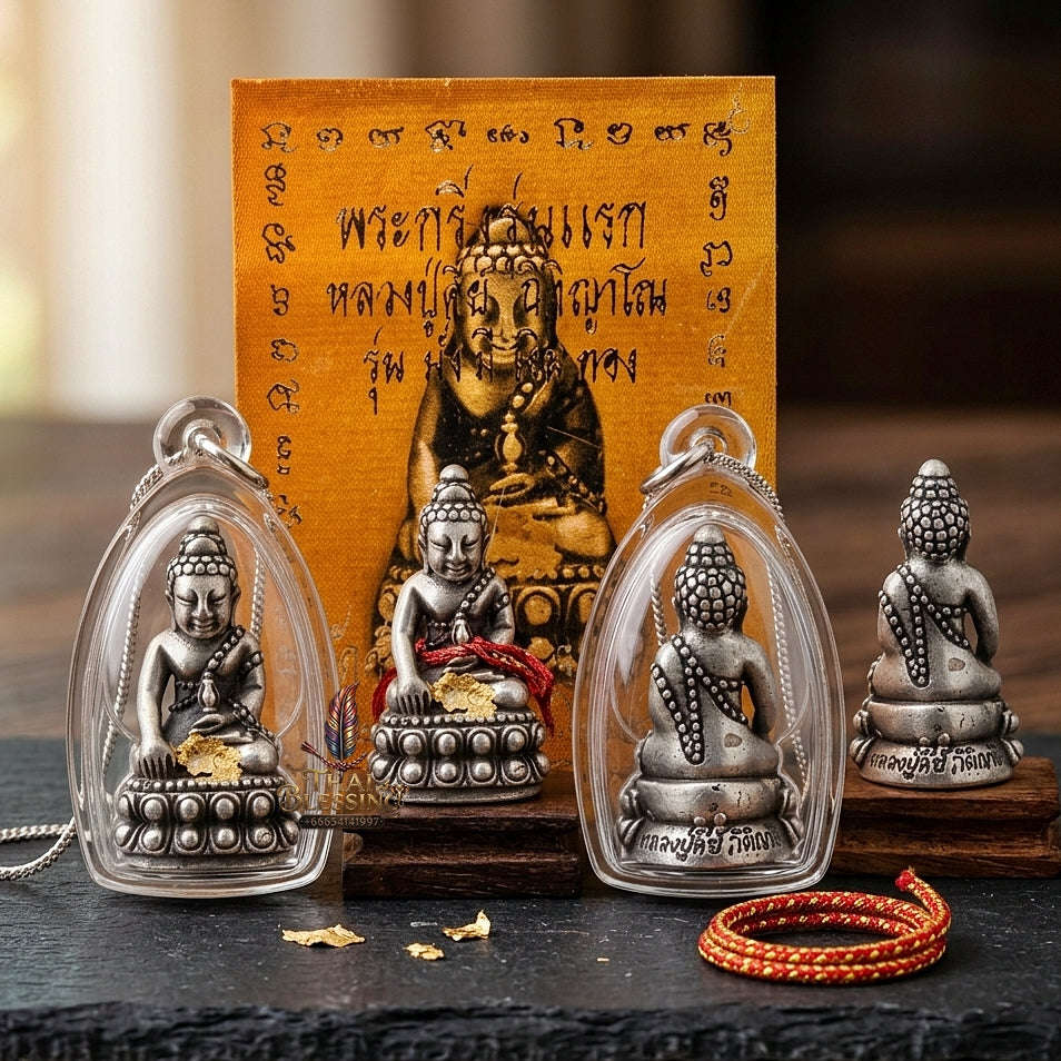 Phra Kring Phet Surin Thai Amulet Protection talisman good luck charm spiritual jewelry Sacred Ringing Buddha Medicine Buddha & Antique Silver Satin-Plated Samrit Bronze