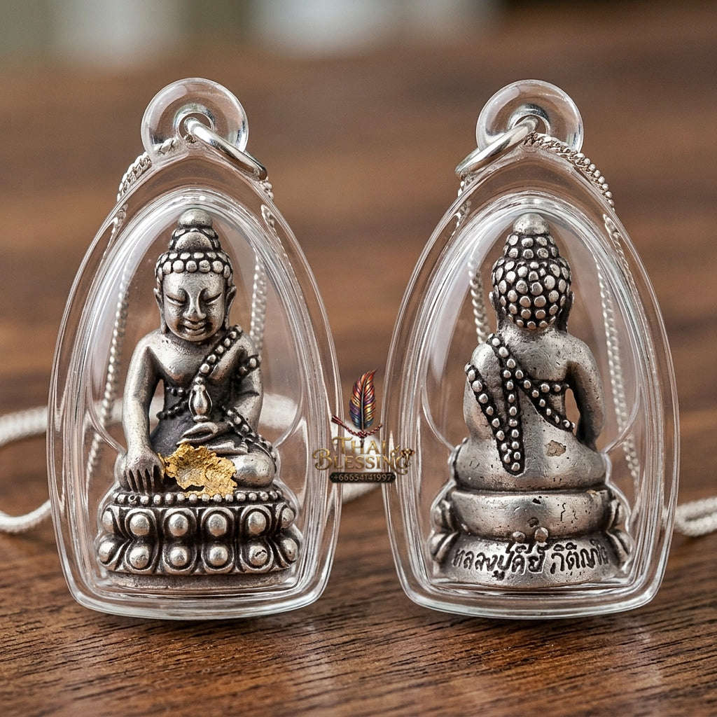 Phra Kring Phet Surin Thai Amulet Protection talisman good luck charm spiritual jewelry Sacred Ringing Buddha Medicine Buddha & Antique Silver Satin-Plated Samrit Bronze