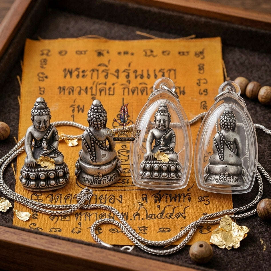 Phra Kring Phet Surin Thai Amulet Protection talisman good luck charm spiritual jewelry Sacred Ringing Buddha Medicine Buddha & Antique Silver Satin-Plated Samrit Bronze