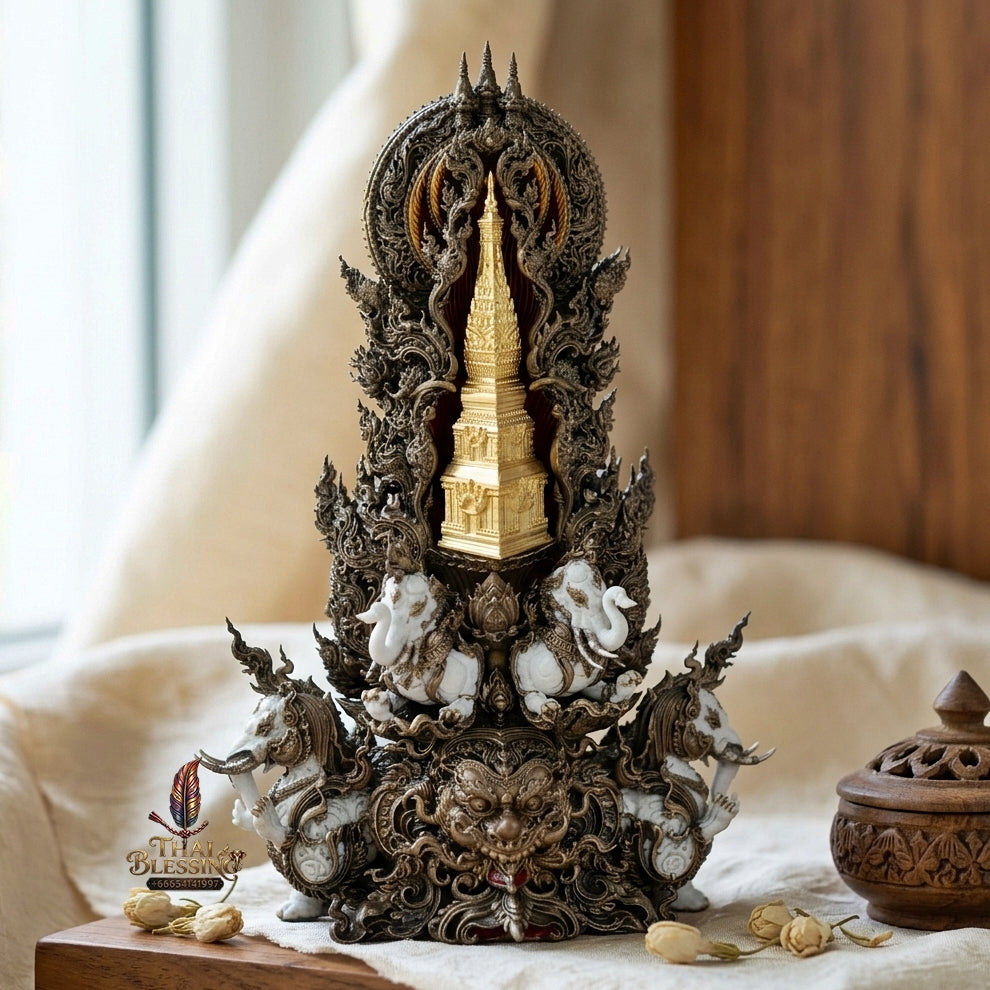 Authentic Sacred Museum-Grade Thai Fine Art Statue "Phra Open World" (Phra Pang Poed Lok - Phanom Naka Edition) 5 Inch Altar Size Satin Antiqued Nawa Loha with Real Gold Plated Buddha Image & Mini That Phanom Reliquary on Back