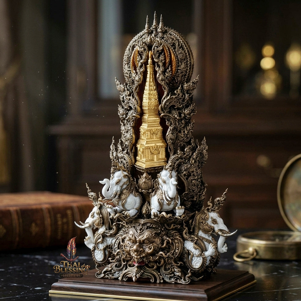 Authentic Sacred Museum-Grade Thai Fine Art Statue "Phra Open World" (Phra Pang Poed Lok - Phanom Naka Edition) 5 Inch Altar Size Satin Antiqued Nawa Loha with Real Gold Plated Buddha Image & Mini That Phanom Reliquary on Back