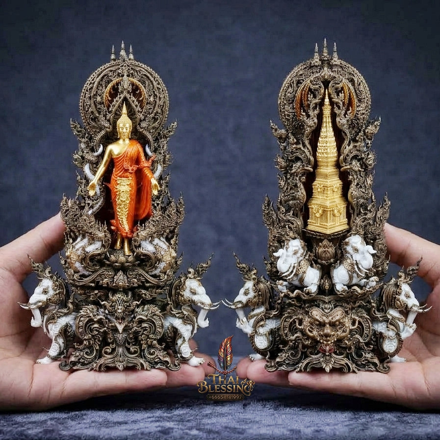 Authentic Sacred Museum-Grade Thai Fine Art Statue "Phra Open World" (Phra Pang Poed Lok - Phanom Naka Edition) 5 Inch Altar Size Satin Antiqued Nawa Loha with Real Gold Plated Buddha Image & Mini That Phanom Reliquary on Back