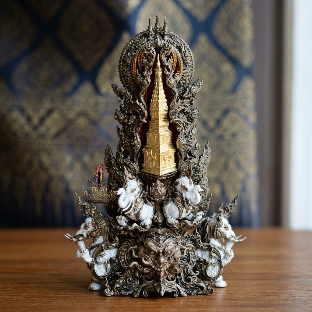 Authentic Sacred Museum-Grade Thai Fine Art Statue "Phra Open World" (Phra Pang Poed Lok - Phanom Naka Edition) 5 Inch Altar Size Satin Antiqued Nawa Loha with Real Gold Plated Buddha Image & Mini That Phanom Reliquary on Back