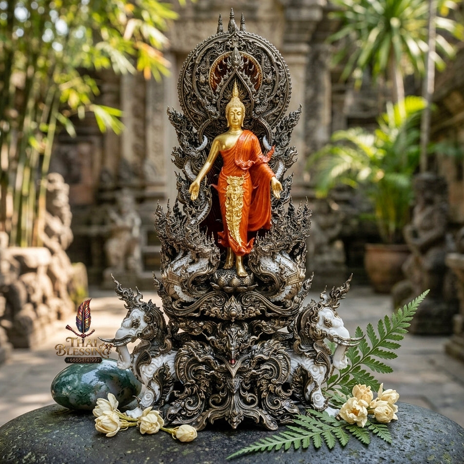 Authentic Sacred Museum-Grade Thai Fine Art Statue "Phra Open World" (Phra Pang Poed Lok - Phanom Naka Edition) 5 Inch Altar Size Satin Antiqued Nawa Loha with Real Gold Plated Buddha Image & Mini That Phanom Reliquary on Back