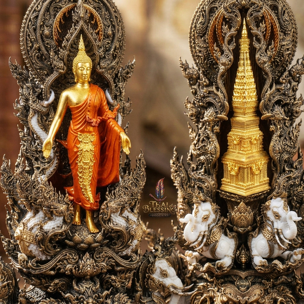 Authentic Sacred Museum-Grade Thai Fine Art Statue "Phra Open World" (Phra Pang Poed Lok - Phanom Naka Edition) 5 Inch Altar Size Satin Antiqued Nawa Loha with Real Gold Plated Buddha Image & Mini That Phanom Reliquary on Back
