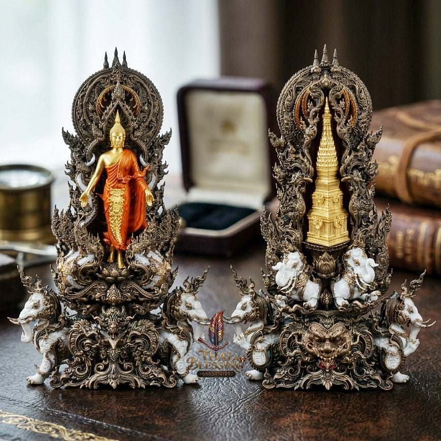 Authentic Sacred Museum-Grade Thai Fine Art Statue "Phra Open World" (Phra Pang Poed Lok - Phanom Naka Edition) 5 Inch Altar Size Satin Antiqued Nawa Loha with Real Gold Plated Buddha Image & Mini That Phanom Reliquary on Back