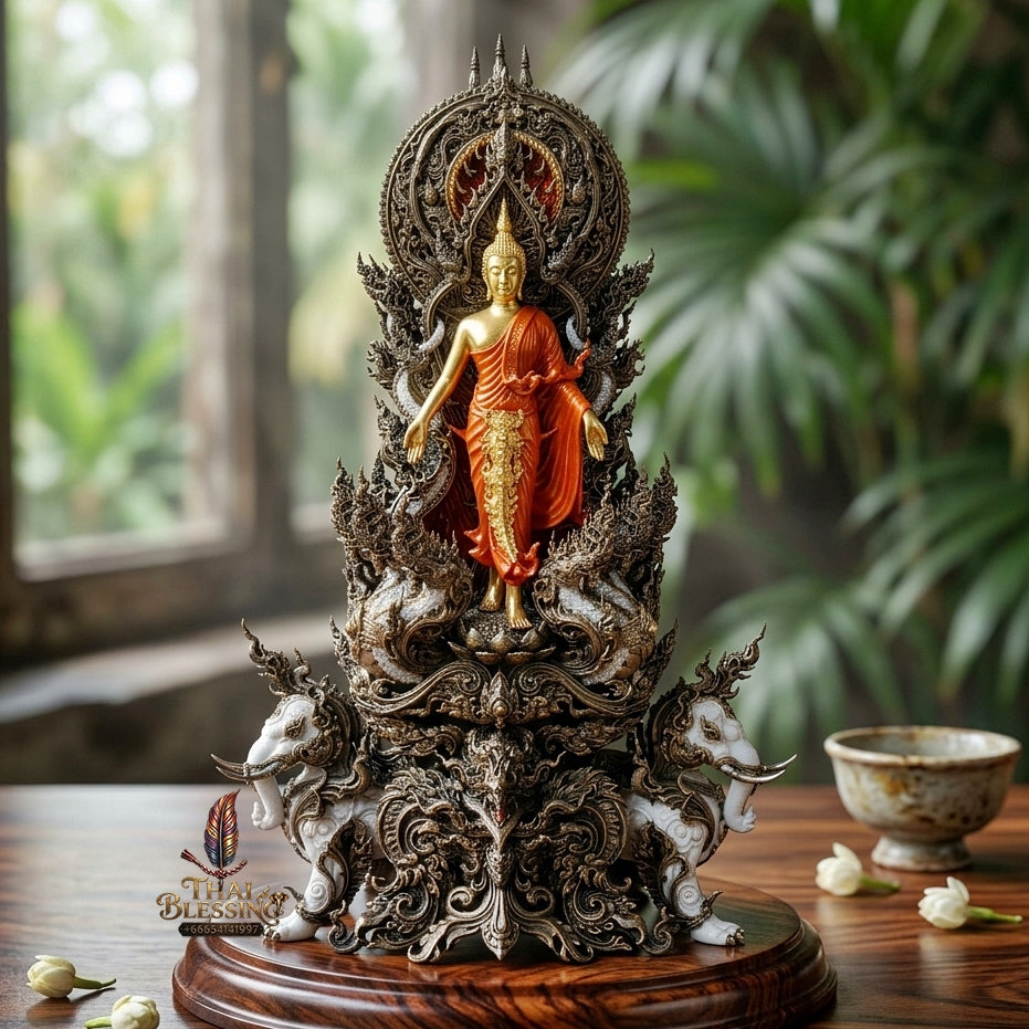 Authentic Sacred Museum-Grade Thai Fine Art Statue "Phra Open World" (Phra Pang Poed Lok - Phanom Naka Edition) 5 Inch Altar Size Satin Antiqued Nawa Loha with Real Gold Plated Buddha Image & Mini That Phanom Reliquary on Back