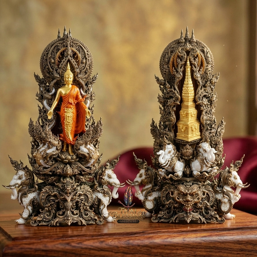 Authentic Sacred Museum-Grade Thai Fine Art Statue "Phra Open World" (Phra Pang Poed Lok - Phanom Naka Edition) 5 Inch Altar Size Satin Antiqued Nawa Loha with Real Gold Plated Buddha Image & Mini That Phanom Reliquary on Back