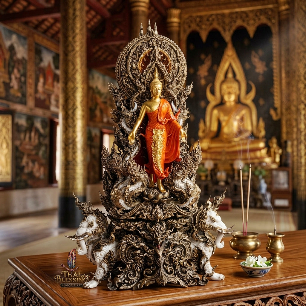 Authentic Sacred Museum-Grade Thai Fine Art Statue "Phra Open World" (Phra Pang Poed Lok - Phanom Naka Edition) 5 Inch Altar Size Satin Antiqued Nawa Loha with Real Gold Plated Buddha Image & Mini That Phanom Reliquary on Back