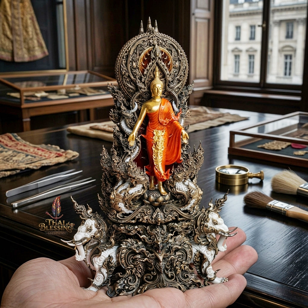 Authentic Sacred Museum-Grade Thai Fine Art Statue "Phra Open World" (Phra Pang Poed Lok - Phanom Naka Edition) 5 Inch Altar Size Satin Antiqued Nawa Loha with Real Gold Plated Buddha Image & Mini That Phanom Reliquary on Back
