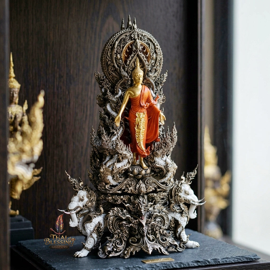 Authentic Sacred Museum-Grade Thai Fine Art Statue "Phra Open World" (Phra Pang Poed Lok - Phanom Naka Edition) 5 Inch Altar Size Satin Antiqued Nawa Loha with Real Gold Plated Buddha Image & Mini That Phanom Reliquary on Back