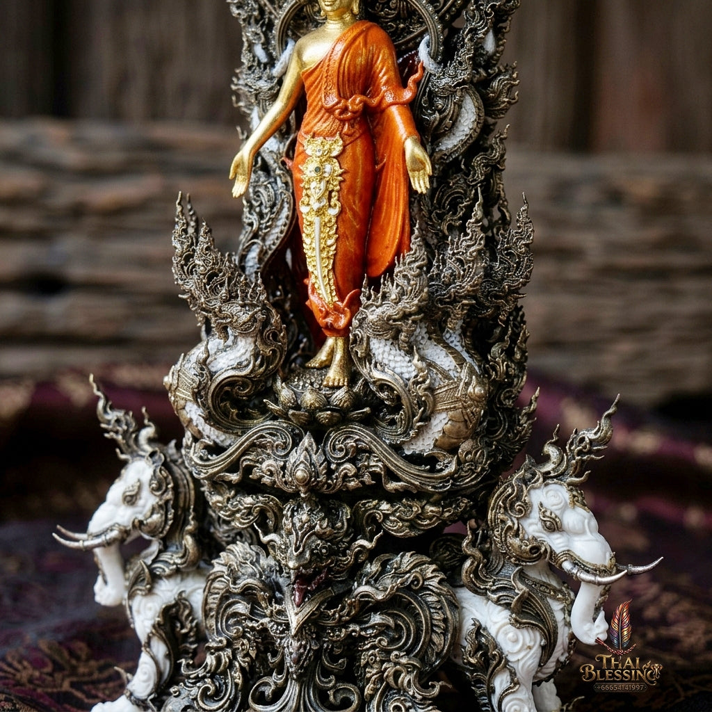 Authentic Sacred Museum-Grade Thai Fine Art Statue "Phra Open World" (Phra Pang Poed Lok - Phanom Naka Edition) 5 Inch Altar Size Satin Antiqued Nawa Loha with Real Gold Plated Buddha Image & Mini That Phanom Reliquary on Back